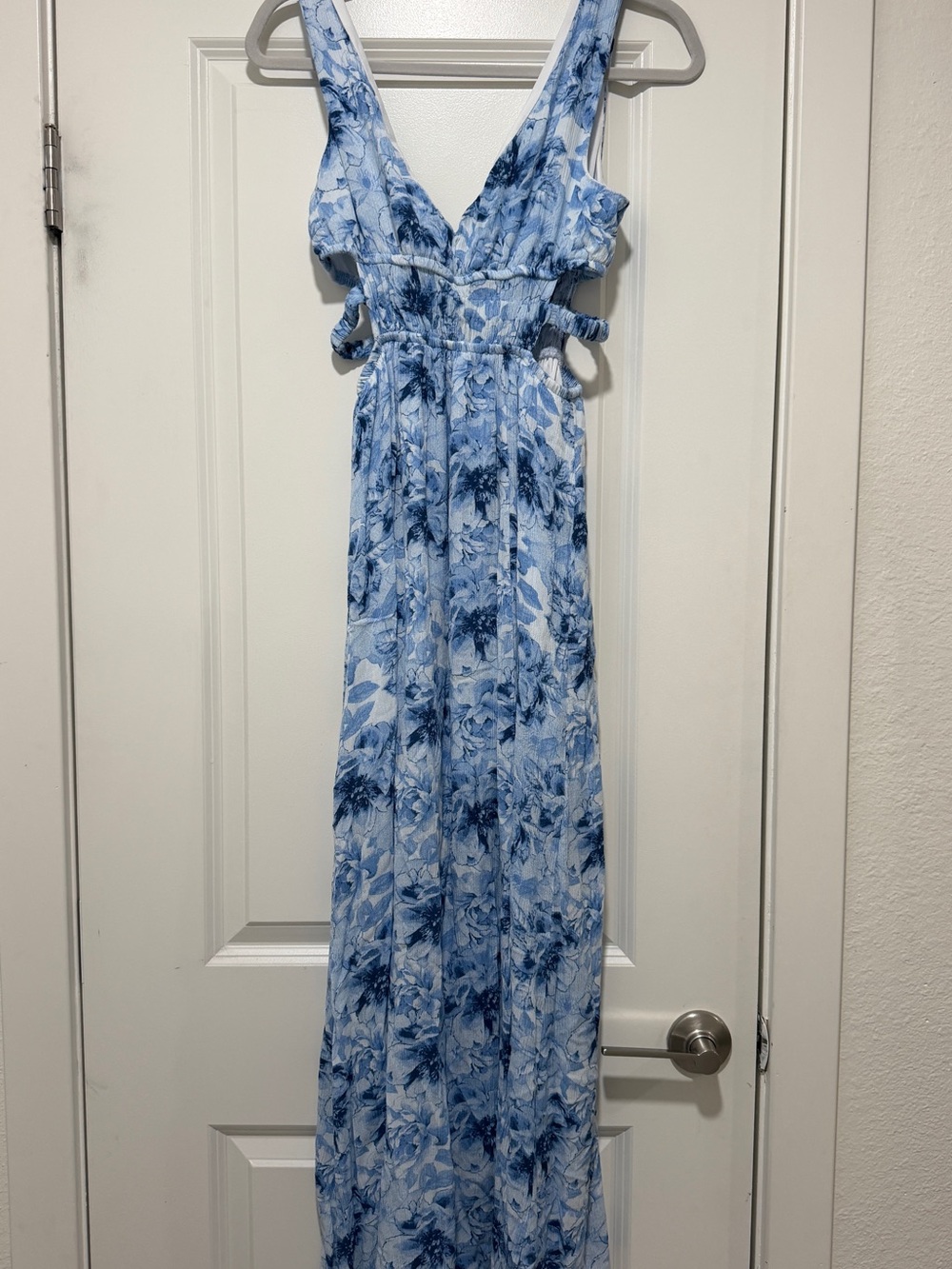 Blue Floral V-Neck Maxi Dress with Smocked Waist and Cutout Sides